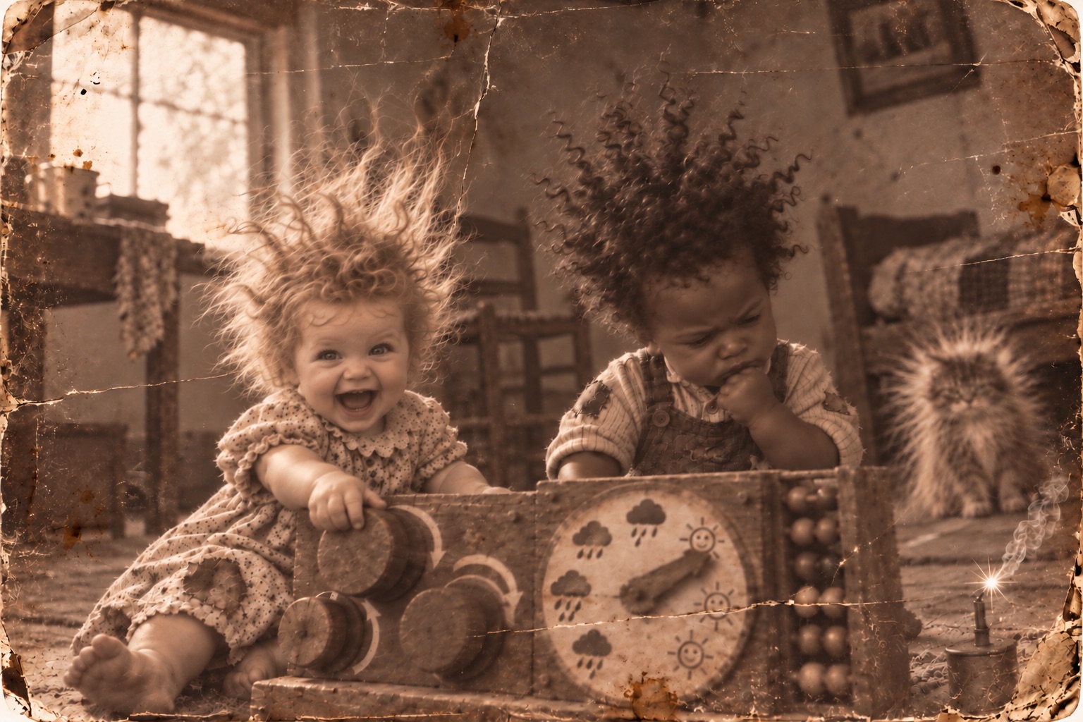 founders as very young toddlers, playing with a wooden switchboard and abacus