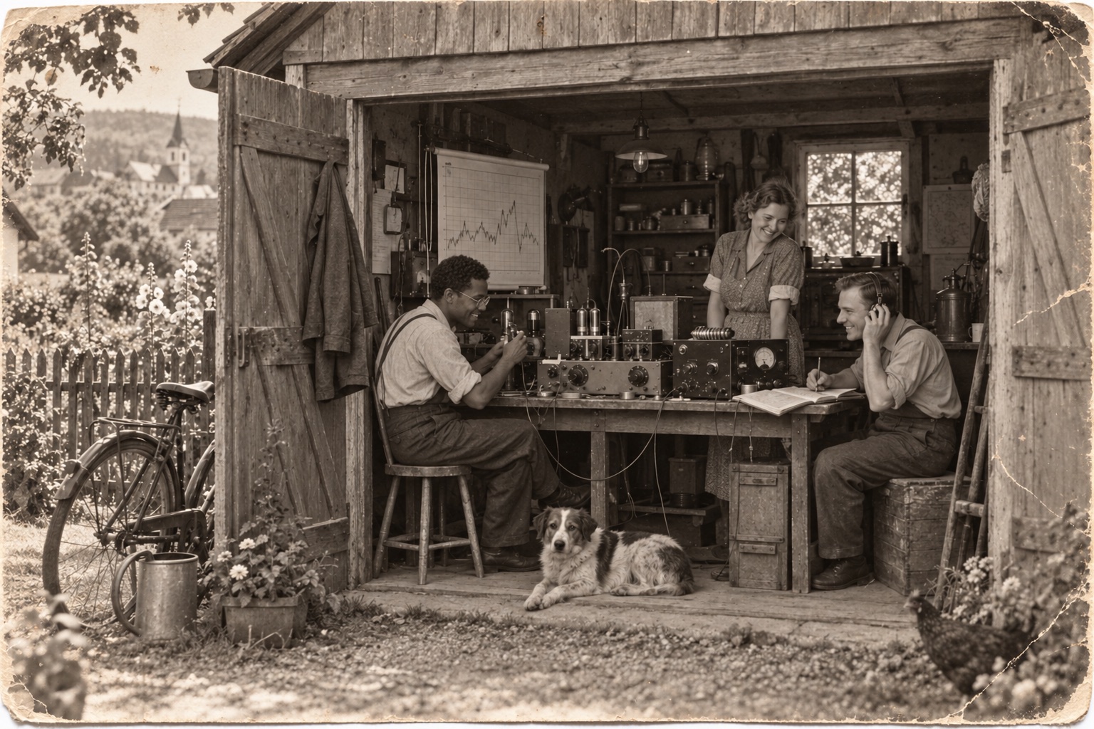 1932 garage and three radio enthusiasts