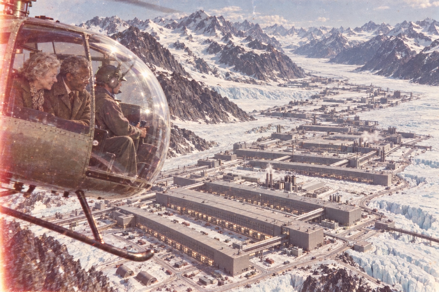 Aerial view of a huge glacier data-centre campus with the elderly fictional founders visiting by helicopter
