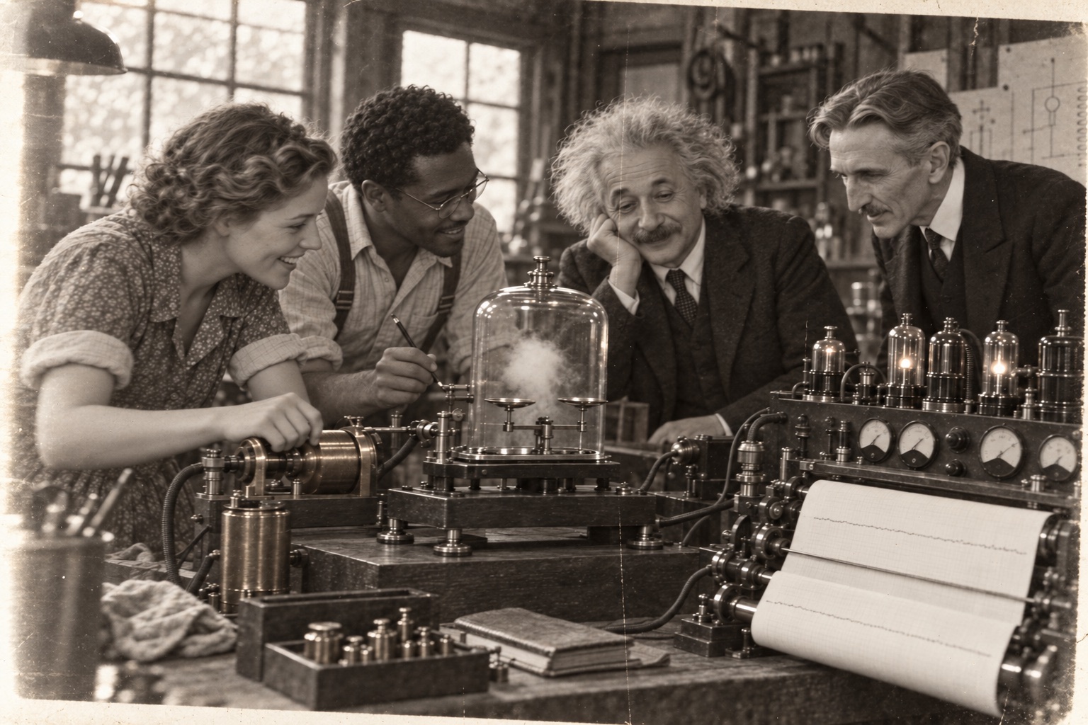 Ida and Emil showing a fog collector to imagined visitors Einstein and Tesla