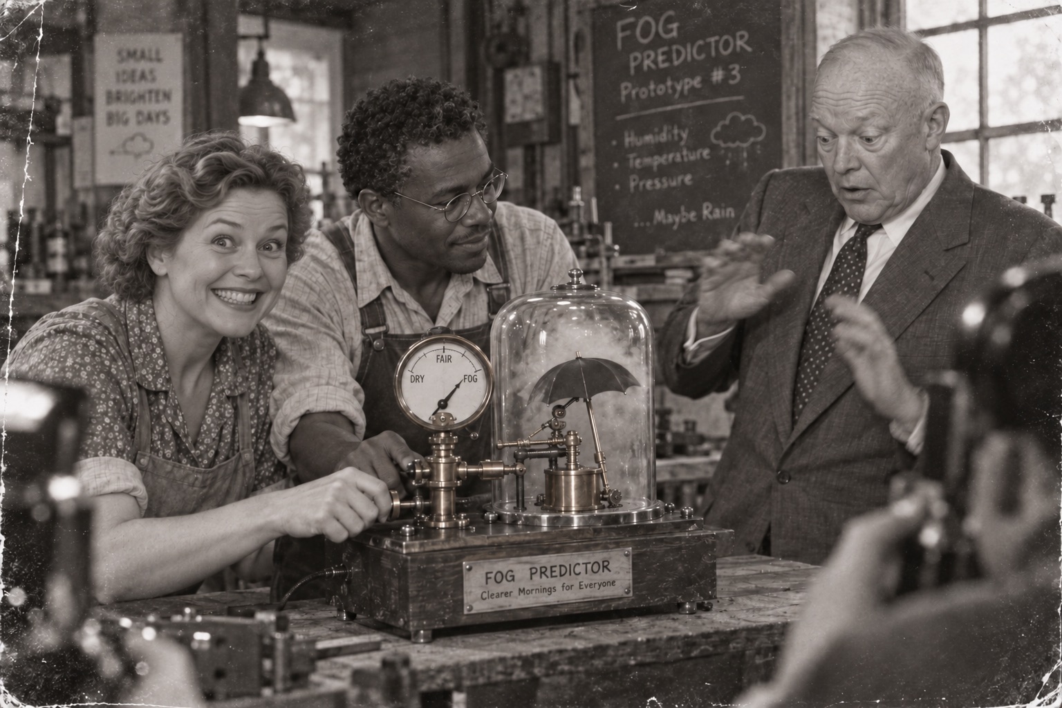 Eisenhower stepping away in surprise from the founders’ mechanical fog prototype